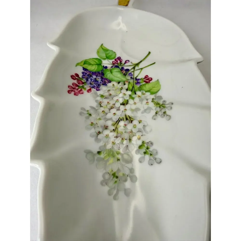 Vintage Old Nuremberg Bavaria Germany Porcelain Leaf Dish Floral Gold Accent